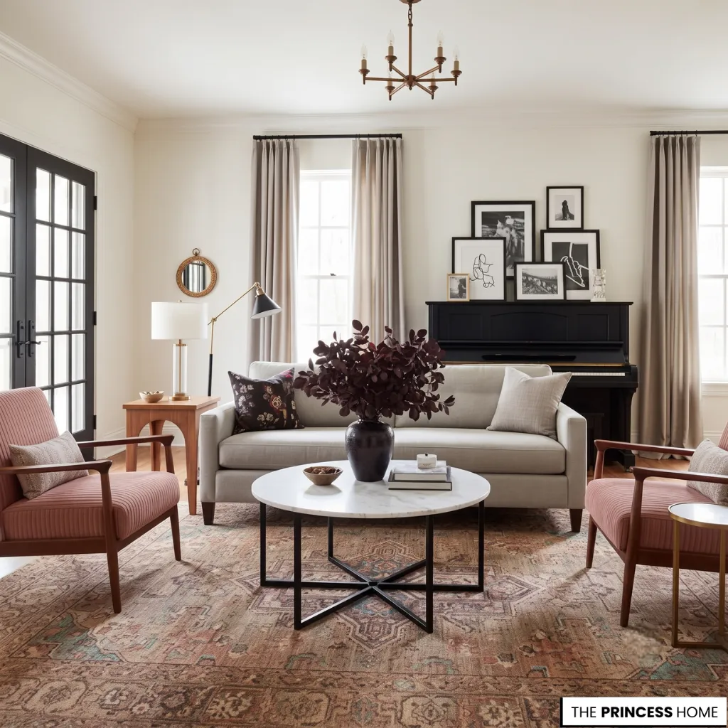 Sophisticated living room with a cream sofa, muted pink armchairs, a round marble coffee table, and a black piano.