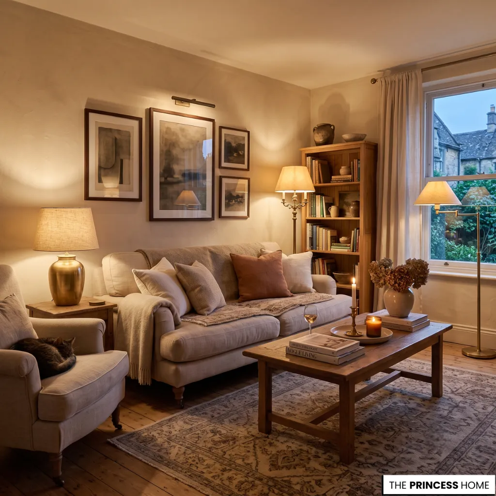 Cozy English cottage living room with a beige sofa, warm brass lamps, a wooden bookcase, a vintage rug, and a cat sleeping on an armchair.