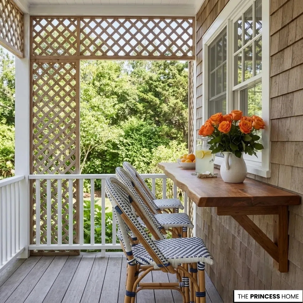 Cozy porch bar with a live edge wooden counter, woven bistro chairs, orange roses, and a lattice privacy screen.
