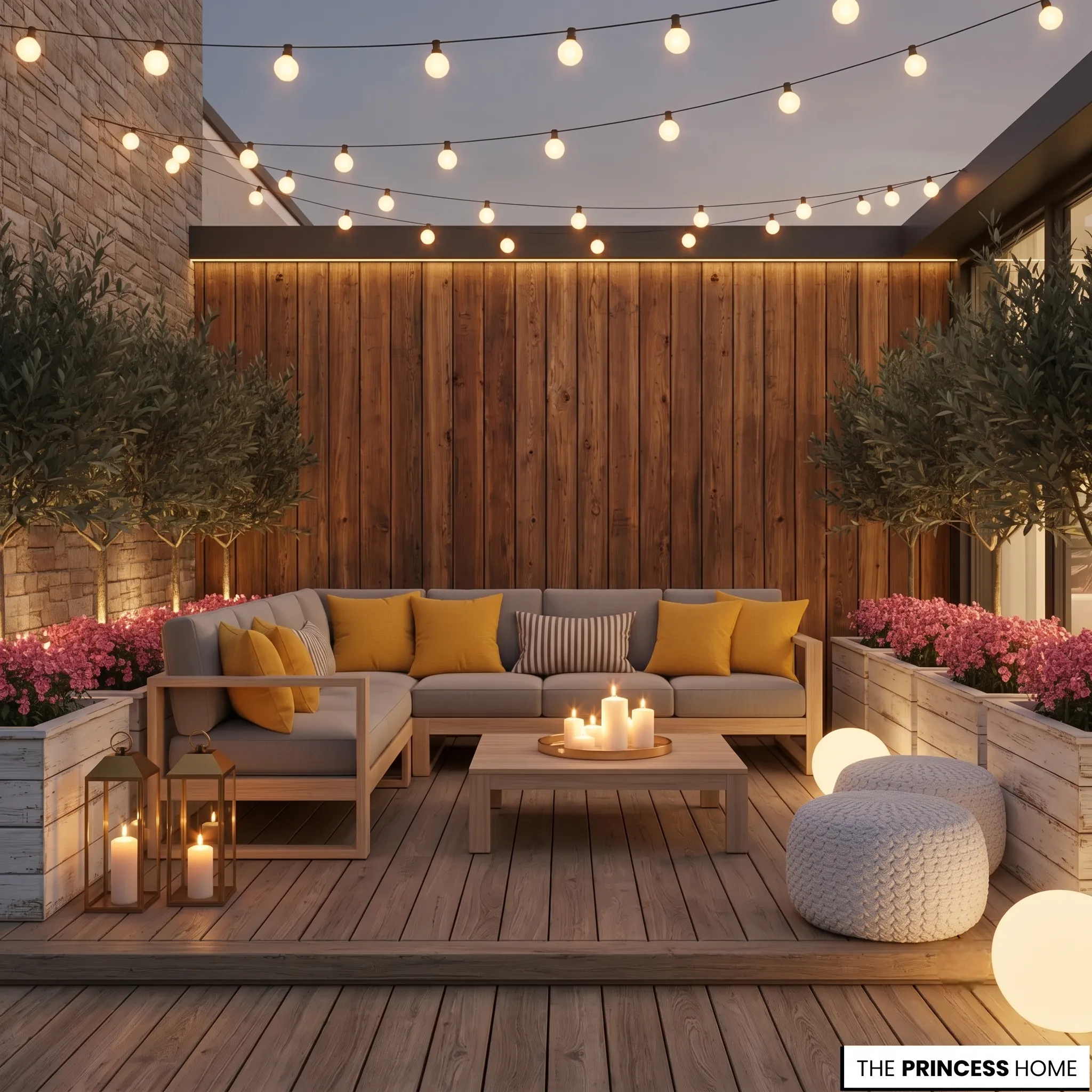 Cozy wooden patio with a gray sectional sofa, yellow cushions, string lights, candle lanterns, and pink flower boxes.
