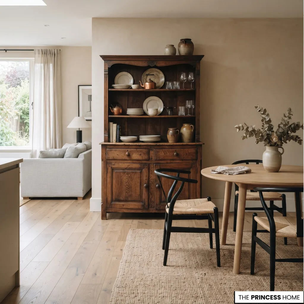 Vintage wooden furniture integrated into a contemporary interior