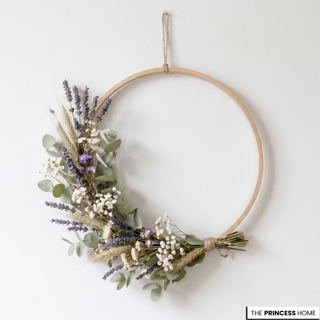 Minimalist wooden hoop wreath with dried lavender, eucalyptus, and baby's breath hanging on a cream-colored door.
