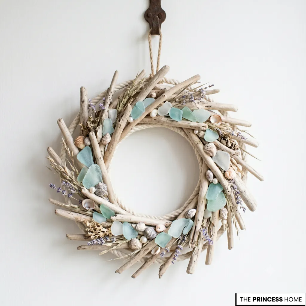 Coastal wreath made of driftwood pieces, frosted sea glass, small seashells, and dried lavender hanging on a white wall.