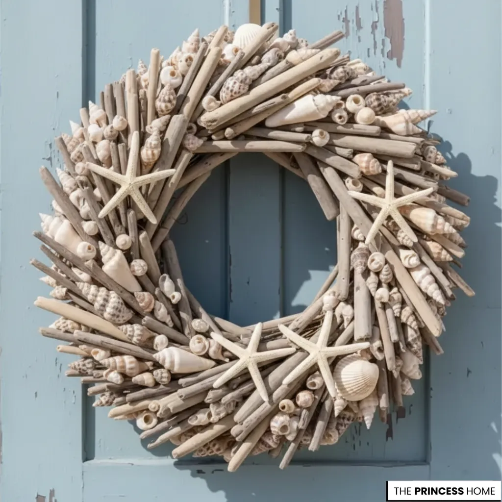 Coastal summer wreath made of natural driftwood pieces, various white and brown seashells, and real starfish hanging on a rustic light blue wooden door.