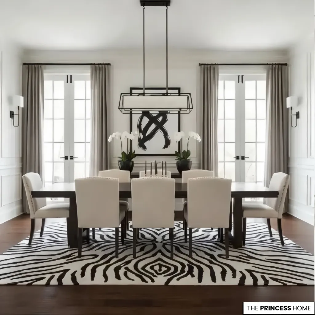A sophisticated dining room featuring a long wooden table surrounded by cream