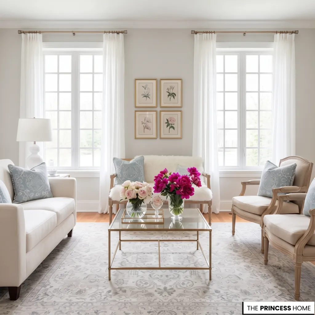 Elegant living room with white sofa, French chairs, glass table, and pink peonies.