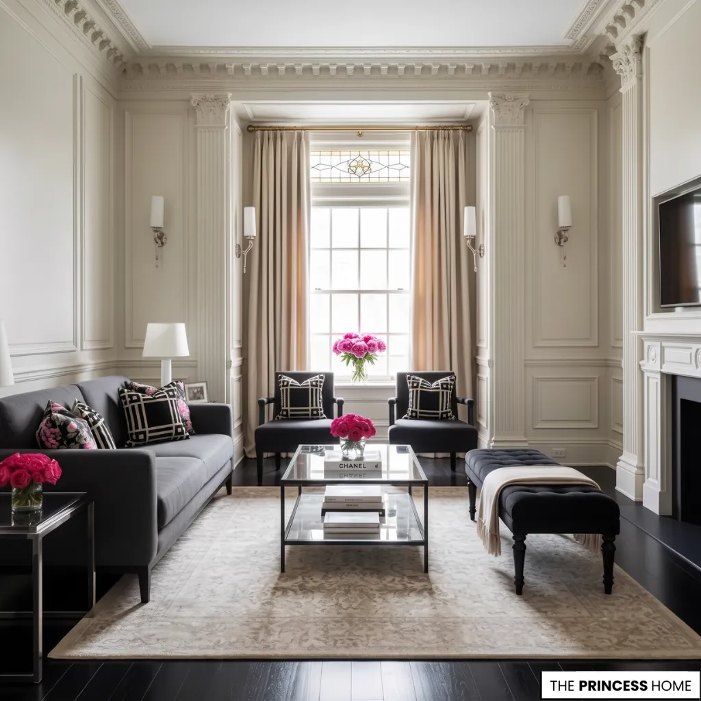 Elegant living room featuring dark gray furniture, ornate wall molding, a glass coffee table, and pink flower accents.