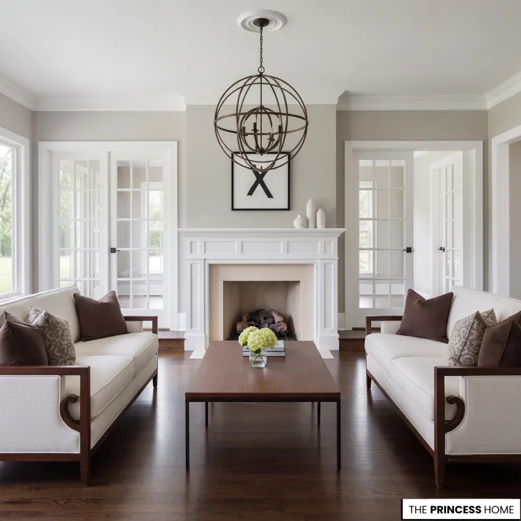 Symmetrical living room with white wood-trimmed sofas, brown pillows, a white fireplace, and a large orb chandelier.