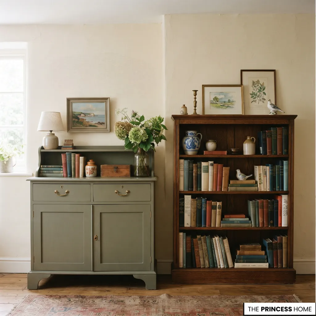 English cottage bookcase styled with books, framed artwork, ceramics, and personal decorative objects.