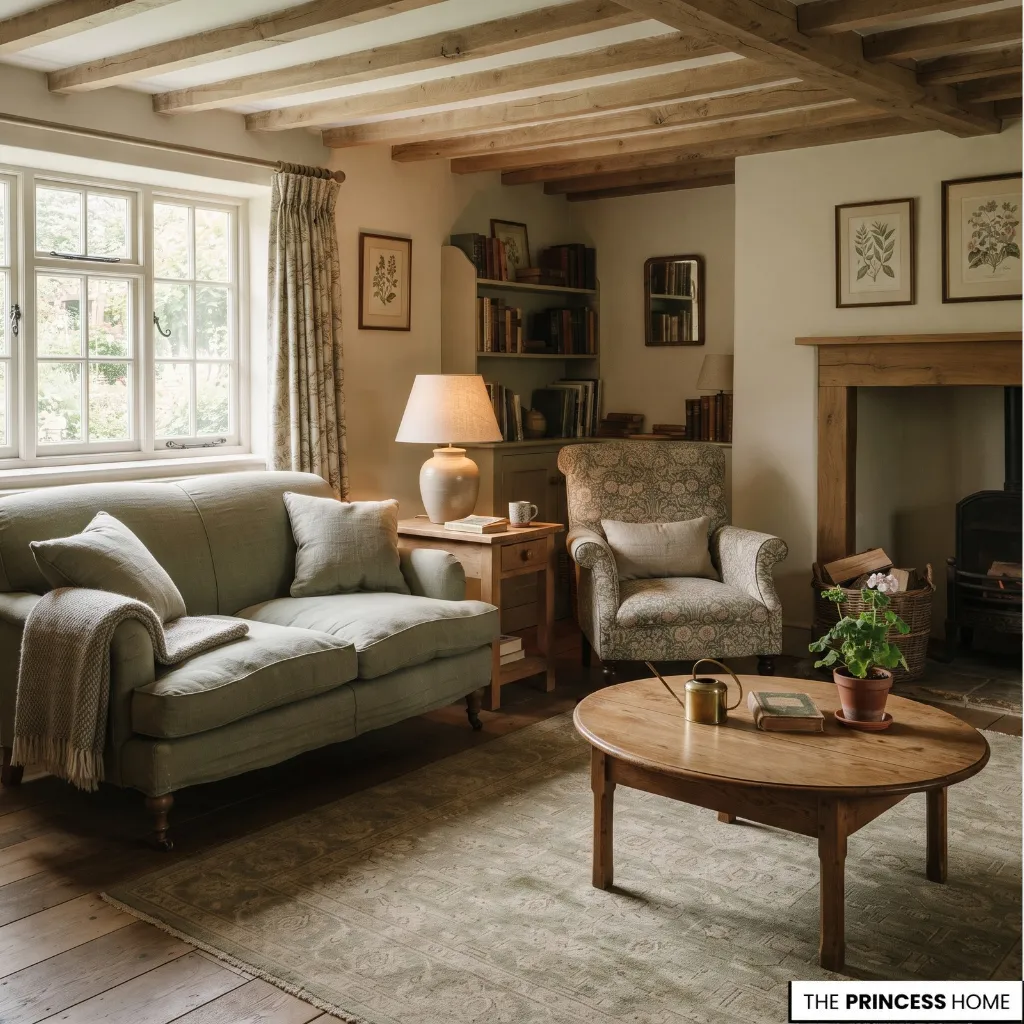 English cottage living room with comfortable seating, a wooden table, patterned textiles, and practical lighting.