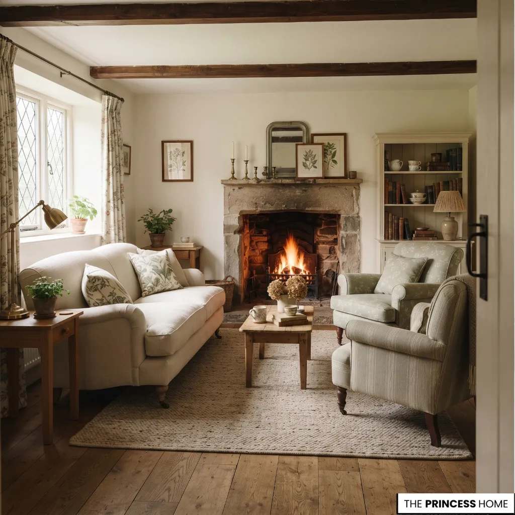 English cottage living room with comfortable armchairs, wooden tables, and a clear seating arrangement.