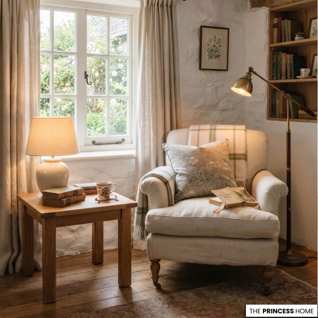 English cottage reading corner with a table lamp, floor lamp, and comfortable upholstered chair.