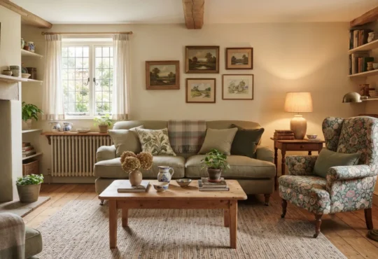 English cottage living room with comfortable seating, floral fabrics, wooden furniture, and natural textures.