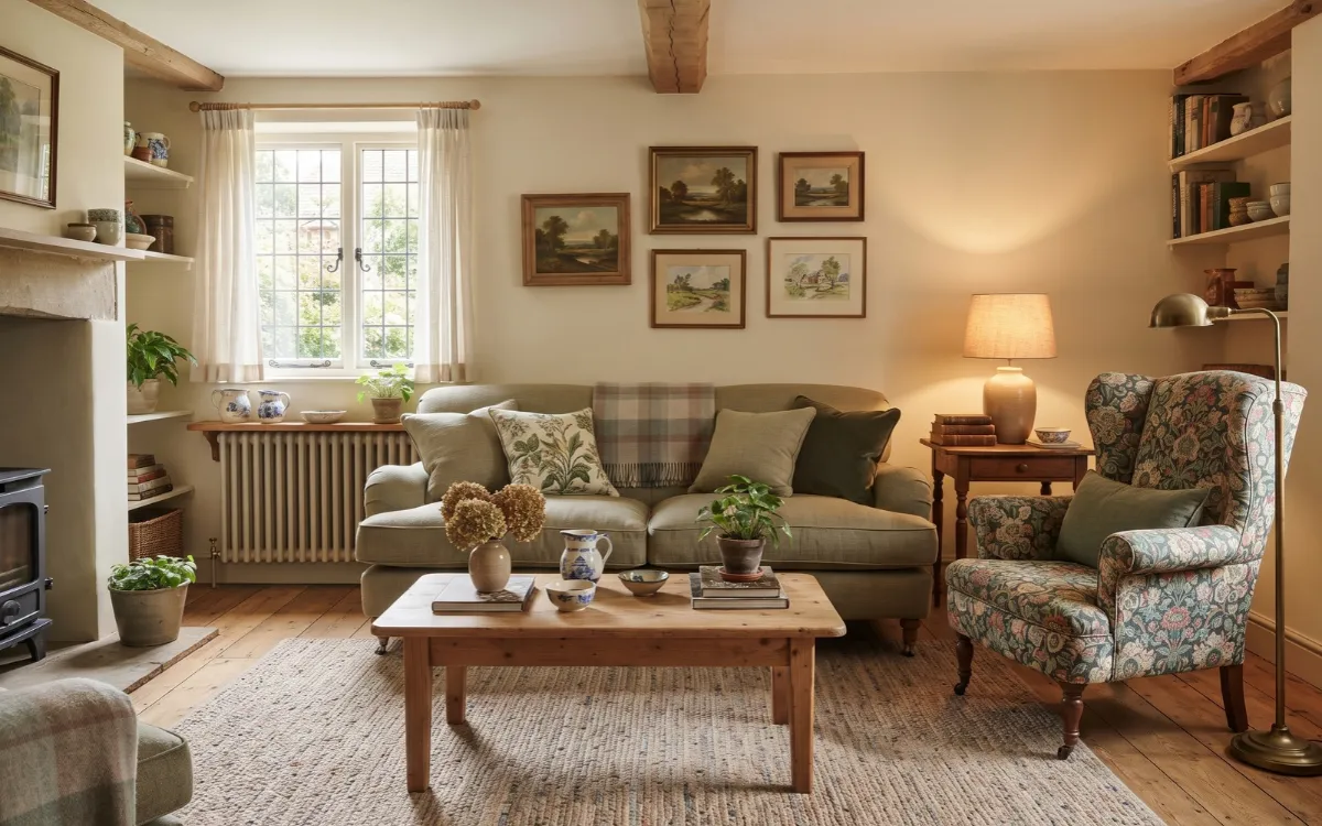 English cottage living room with comfortable seating, floral fabrics, wooden furniture, and natural textures.