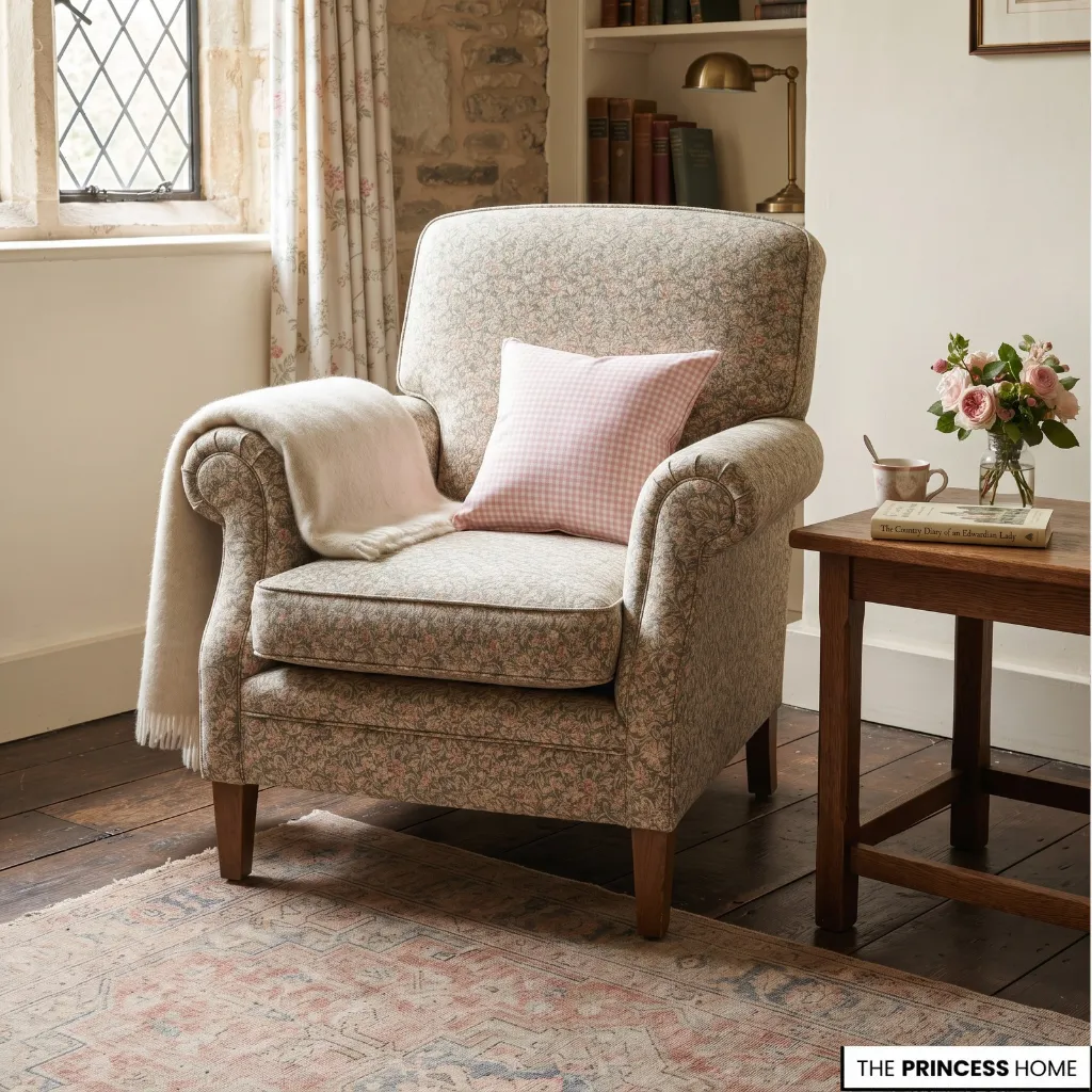 English cottage seating with floral and gingham fabrics balanced by coordinating colors.