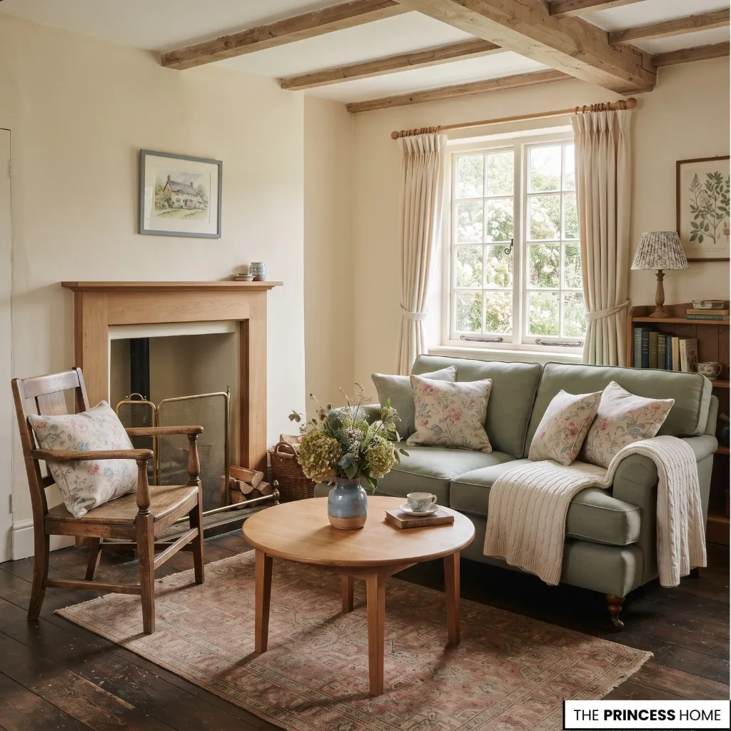 English cottage sitting area with cream walls, sage-green accents, floral fabric, and natural wood.
