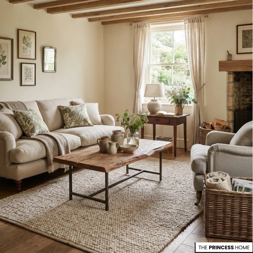 English cottage living room combining natural wood, woven textiles, pottery, and upholstered furniture.
