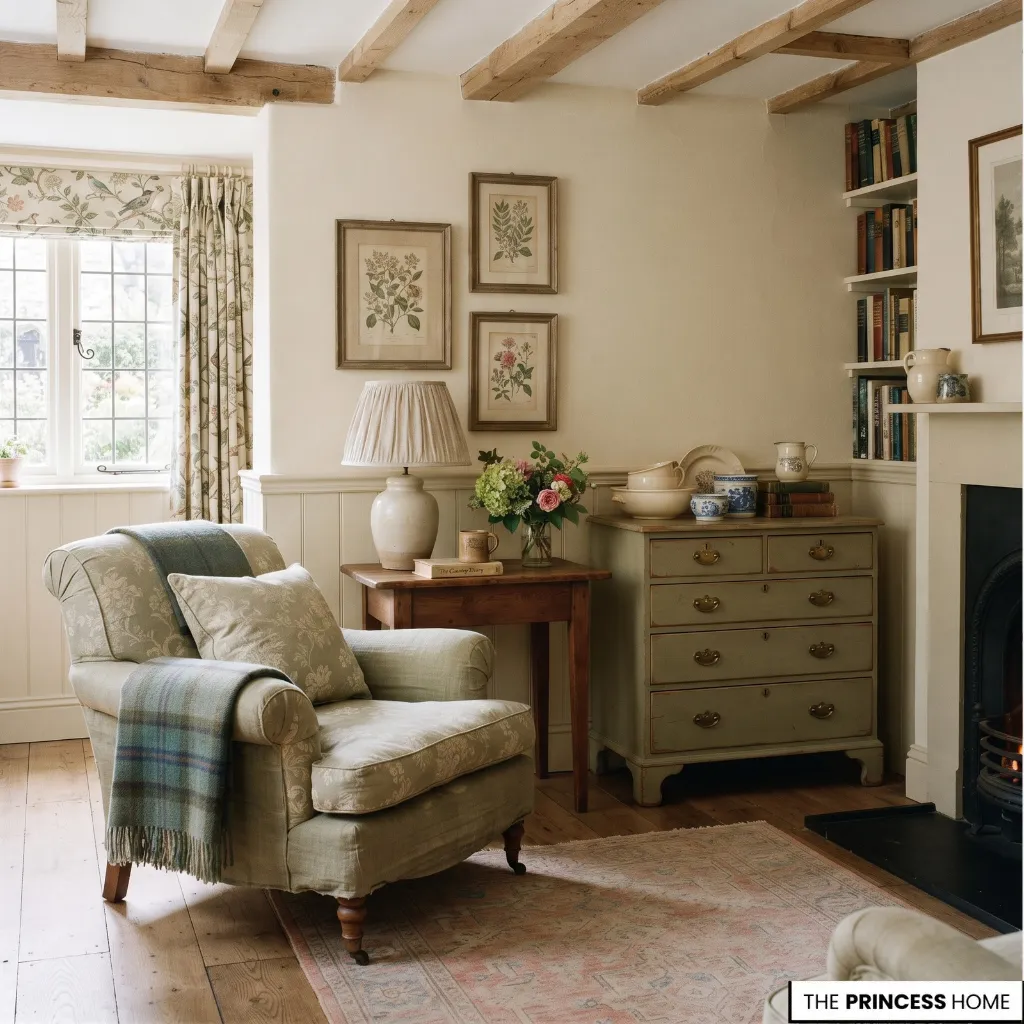 Traditional cottage interior combining comfortable furniture, botanical fabrics, natural wood, and collected accessories.