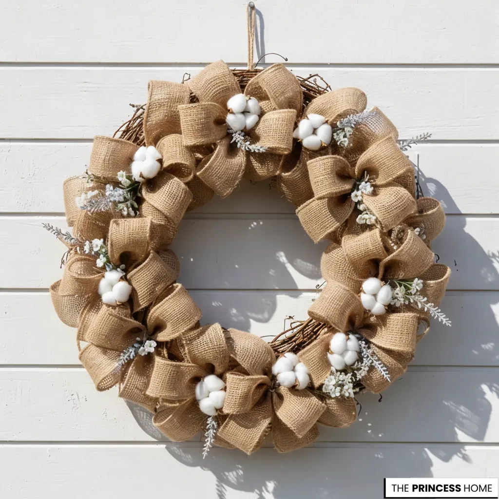 Rustic grapevine wreath layered with looped burlap ribbon, decorated with white cotton bolls