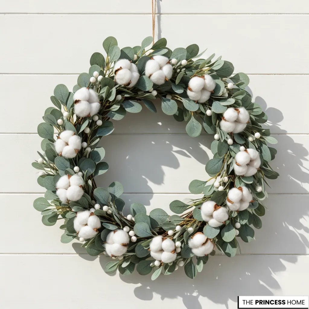 Farmhouse style wreath made of green eucalyptus leaves, fluffy white cotton bolls, and small white berries hanging on a white shiplap wall.
