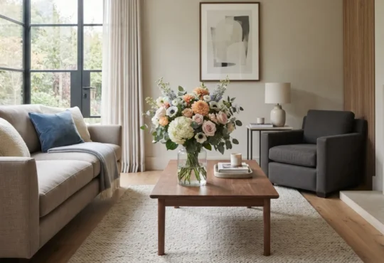 Seasonal flowers in a glass vase on a coffee table in a contemporary living room.