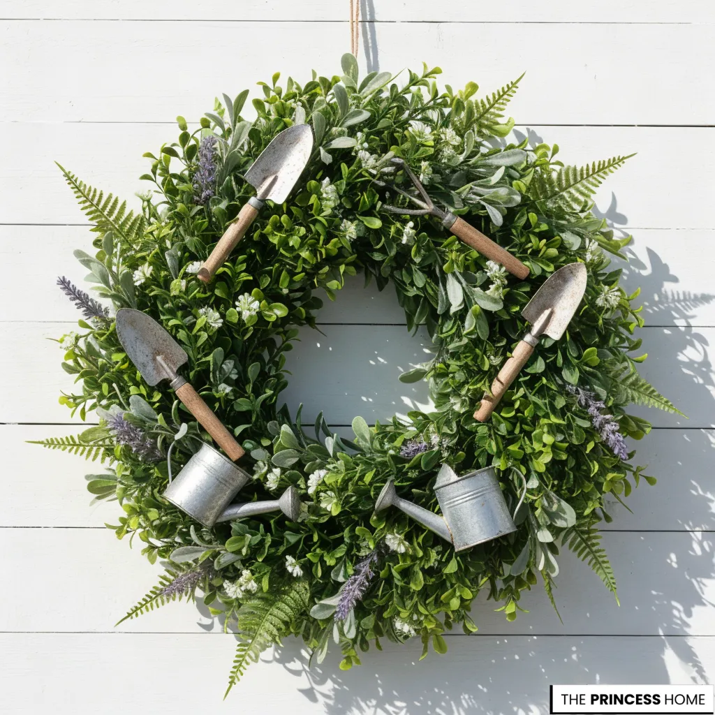 Summer greenery wreath adorned with miniature metal watering cans, small trowels, hand rakes, and sprigs of lavender