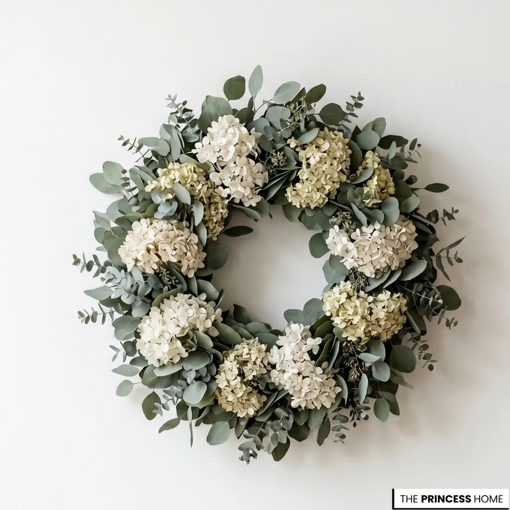 Full summer wreath made of white and green hydrangeas and fresh eucalyptus leaves on a white wall
