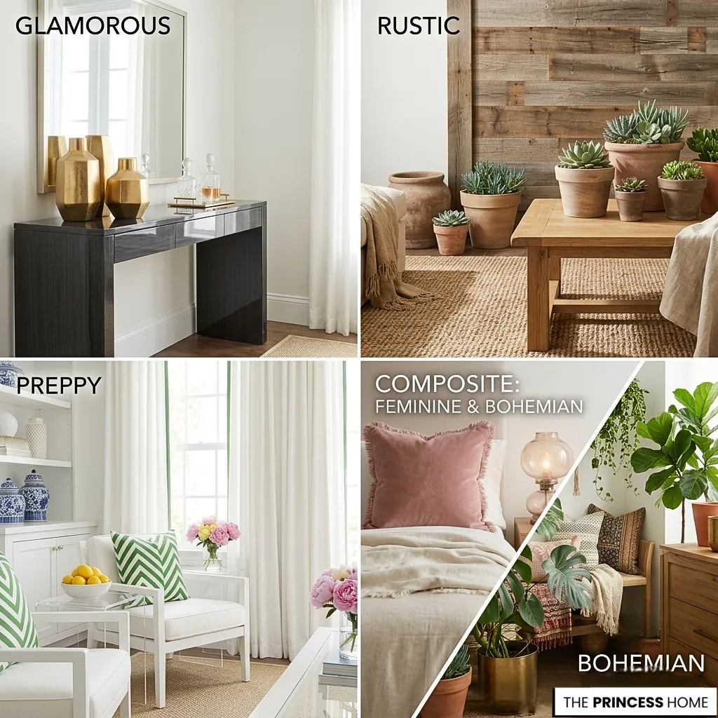 Collage showcasing different interior design styles including glamorous, rustic, preppy, feminine, and bohemian decor.