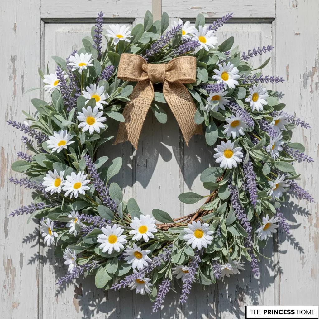 Summer wreath with white daisies, purple lavender, lamb's ear leaves, and a burlap bow on a rustic wooden door.