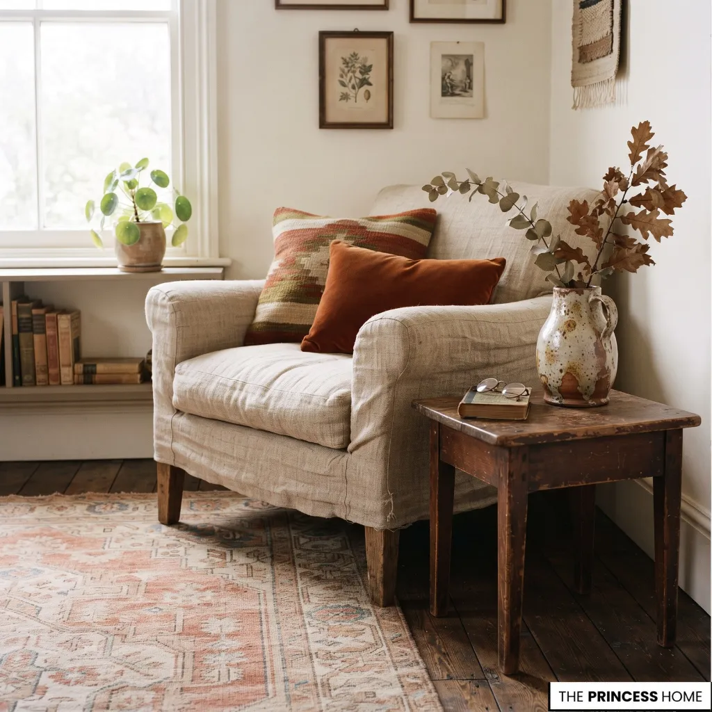 Vintage rug, linen upholstery, aged wood, and layered natural textures