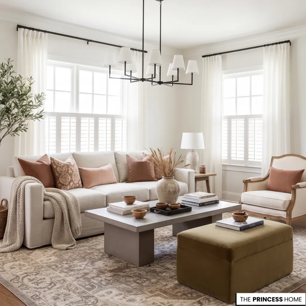 Bright living room with a cream sofa, terracotta pillows, a modern coffee table, olive green ottoman, and large rug.