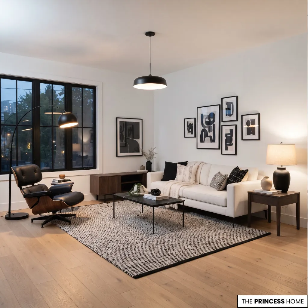 Black and white living room illuminated by a ceiling light, floor lamp, and table lamp.