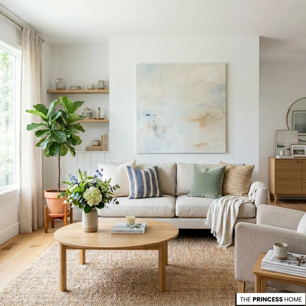 Bright living room with a beige sofa, abstract canvas art, wooden coffee table, jute rug, and a fiddle leaf fig.