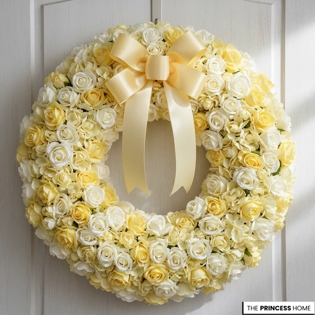 Elegant summer wreath densely filled with pastel yellow and cream faux roses, topped with a matching smooth satin ribbon bow