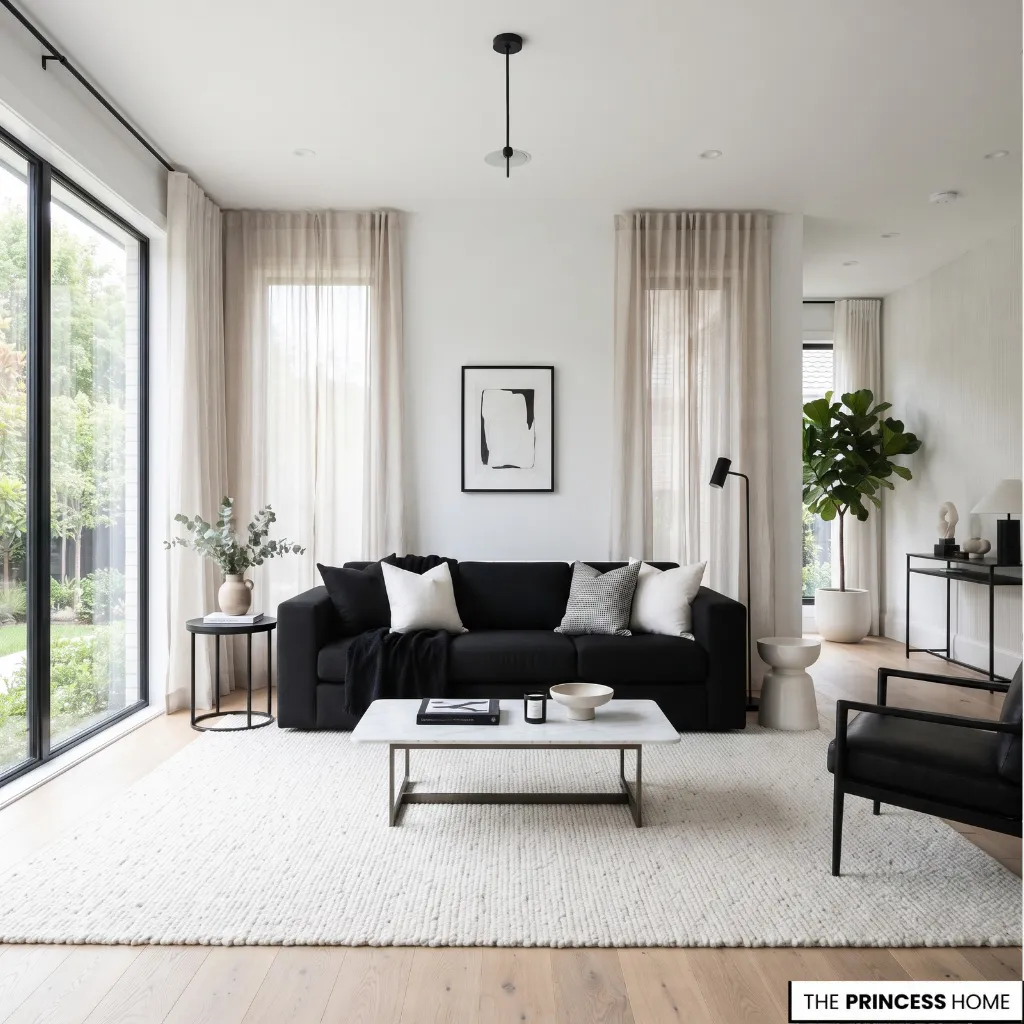 A bright, elegant living room featuring a black sofa, a white marble coffee table,