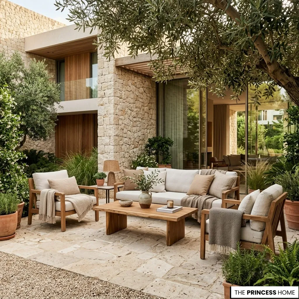 Luxury Mediterranean patio with teak wood sofas, neutral cushions, a stone villa facade, and a shaded olive tree.