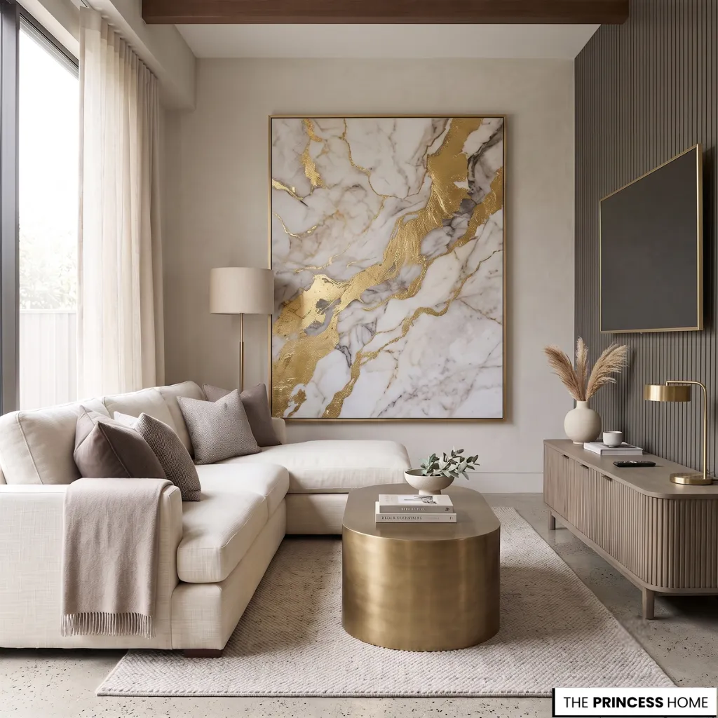 Modern luxury living room with a cream sectional sofa, oval gold coffee table, and large marble abstract wall art.