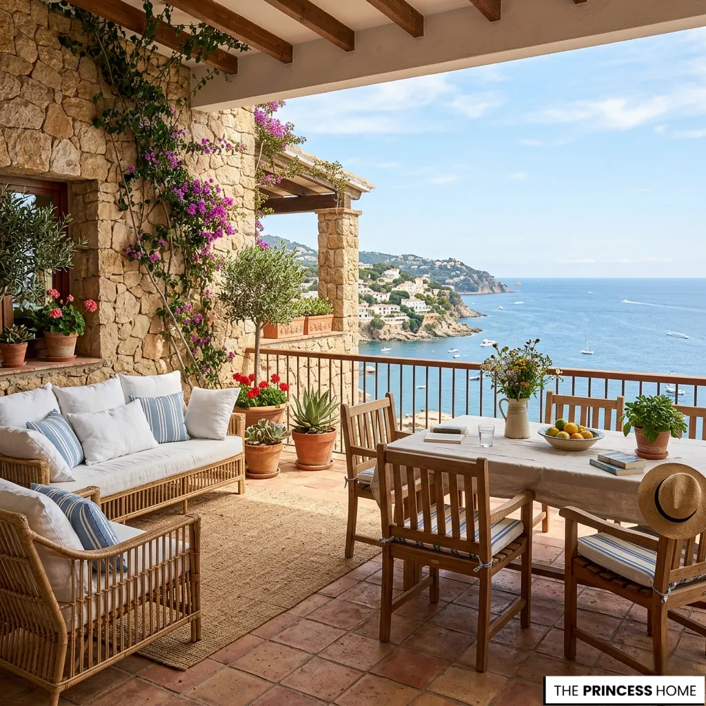 Mediterranean balcony with wicker sofas, a dining table, stone walls, bougainvillea, and a stunning sea view.