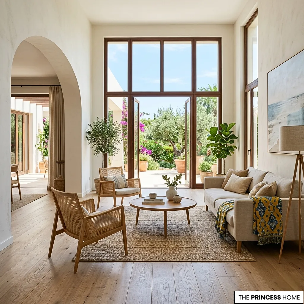 Mediterranean living room with cane armchairs, a beige sofa, and large glass doors opening to a sunny garden terrace.