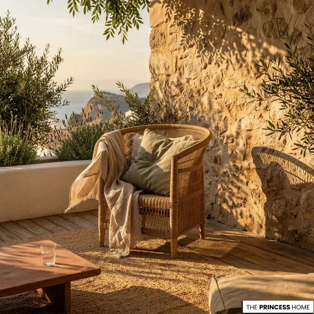 Wicker armchair with linen textiles on a golden hour patio next to a stone wall overlooking the Mediterranean sea.