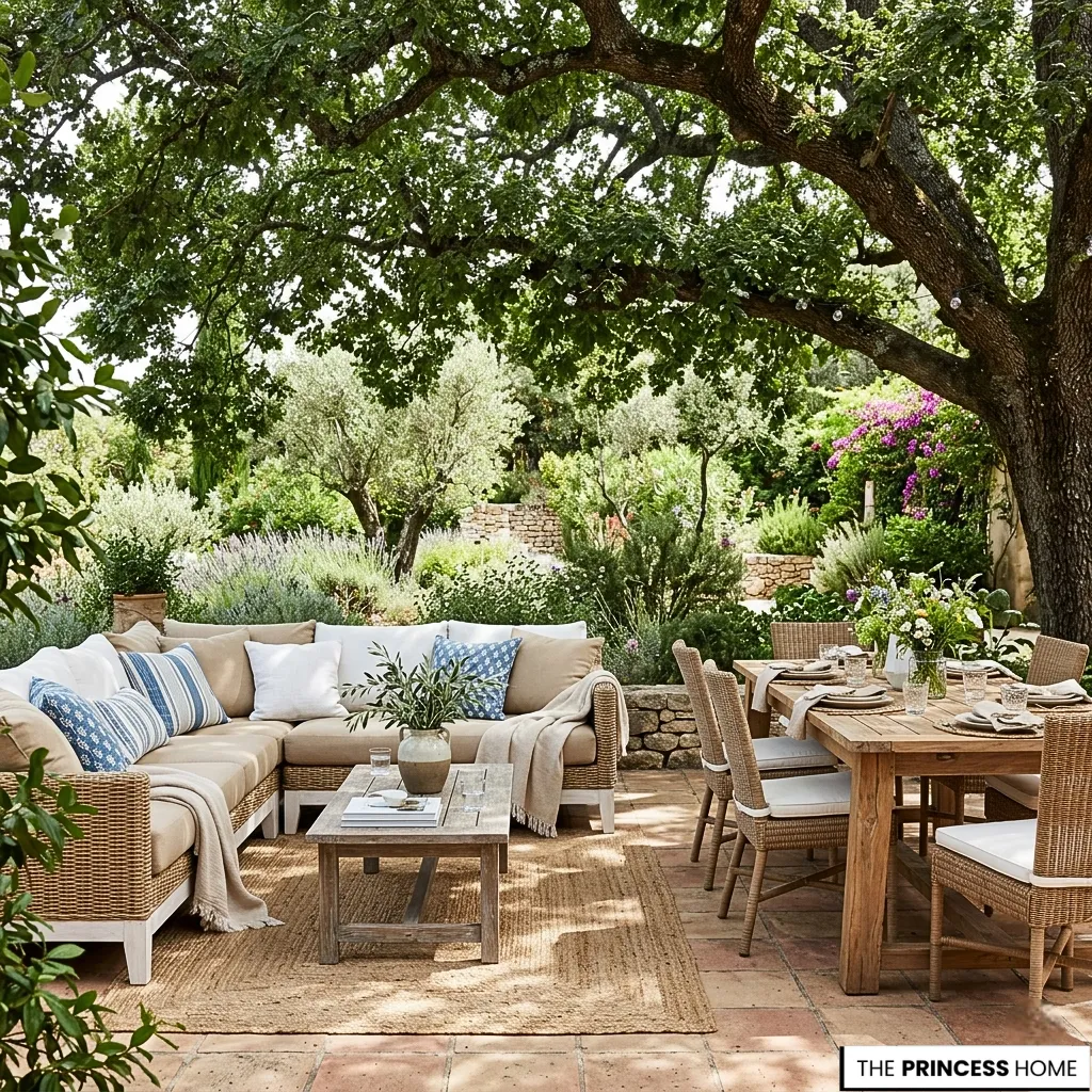 Mediterranean patio with a wicker sectional sofa, wooden dining table, jute rug, and a large shade tree.
