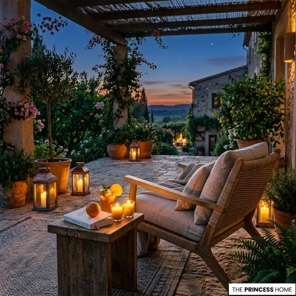 Mediterranean stone patio at twilight with a woven armchair, rustic side table, glowing candles, and candle lanterns.