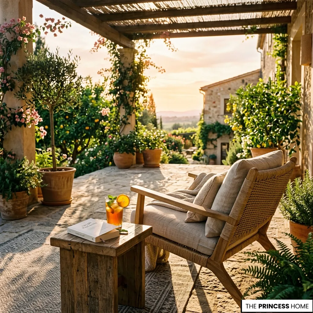 Mediterranean stone patio at sunset with a woven armchair, rustic wooden side table, iced drink, and potted olive trees.