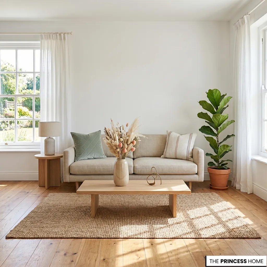 Bright minimalist living room with a beige sofa, wooden coffee table, dried flowers, jute rug, and a fiddle leaf fig plant.
