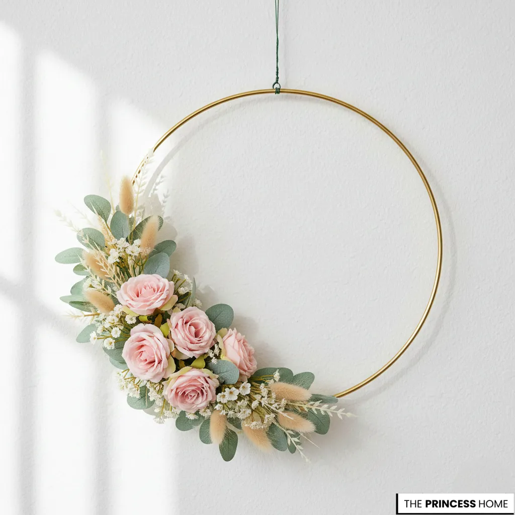 Modern gold metal hoop wreath adorned with blush pink roses, eucalyptus leaves,