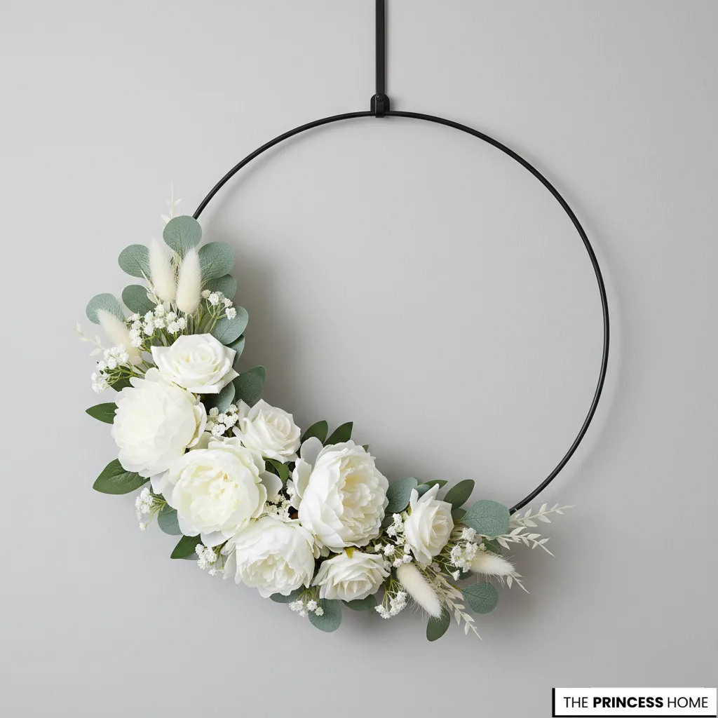 Modern black metal hoop wreath beautifully decorated with faux white peonies, white roses, green eucalyptus leaves,