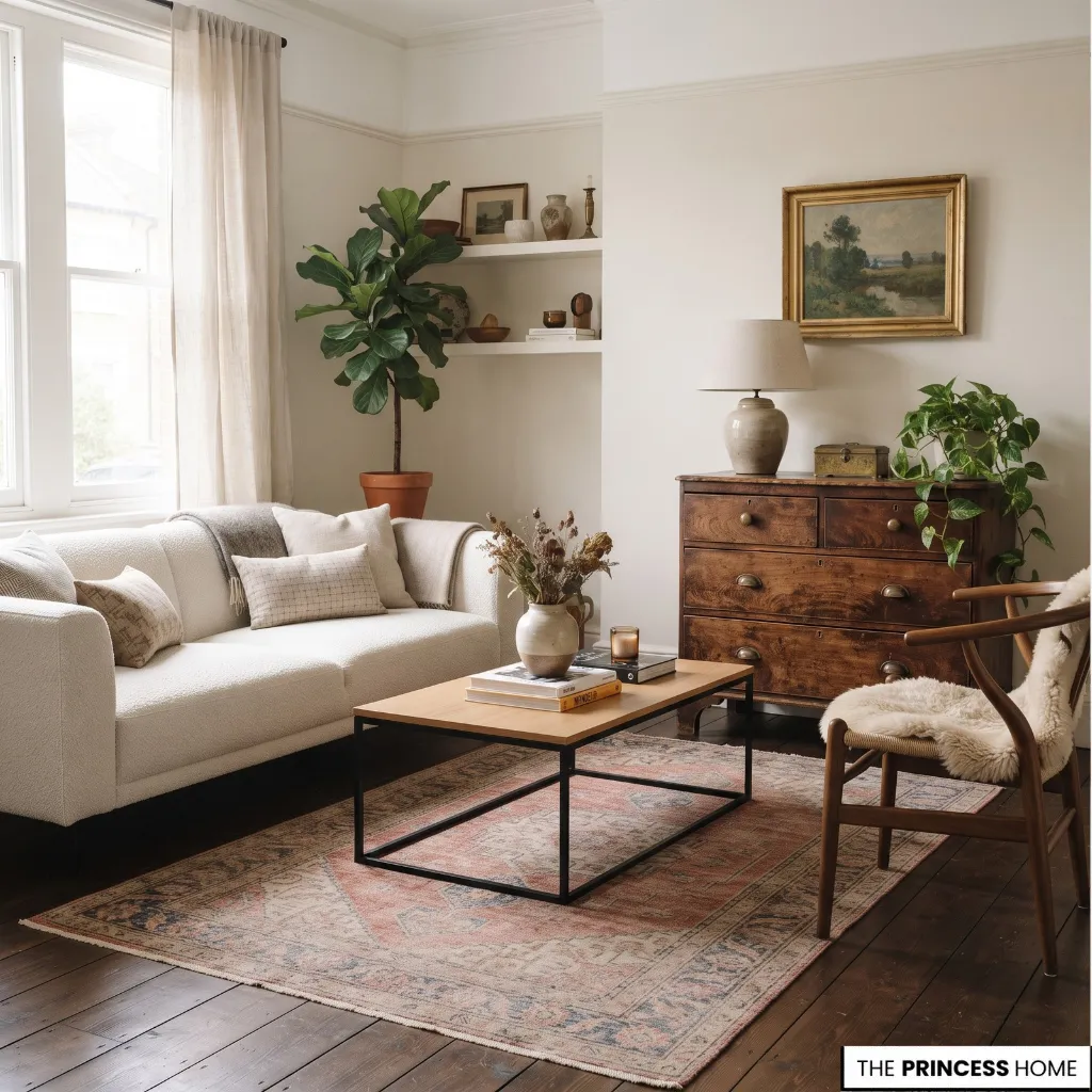 Antique wooden furniture paired with contemporary living room pieces