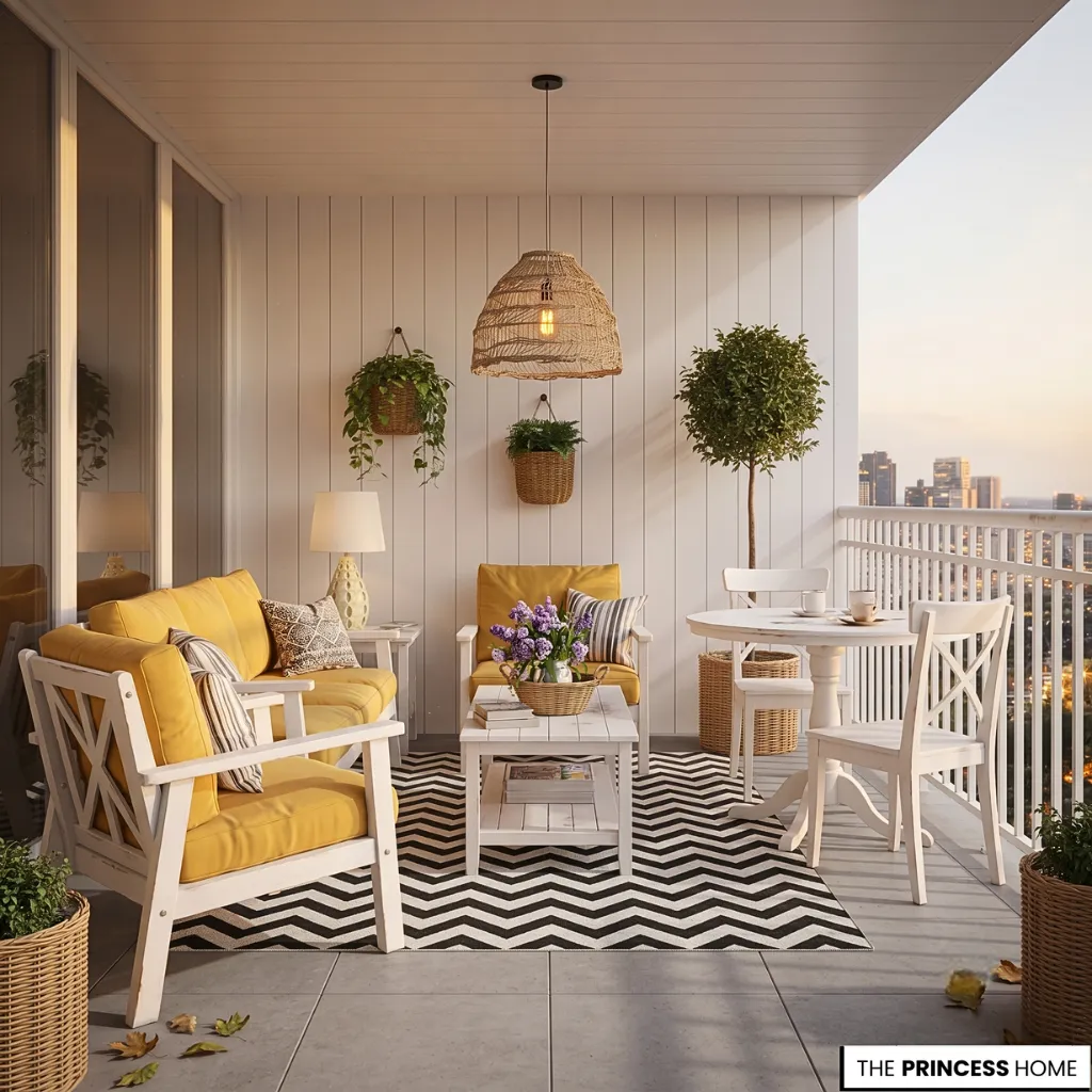 Modern balcony featuring yellow cushions, white wooden furniture, a chevron rug, woven pendant light, and city views.