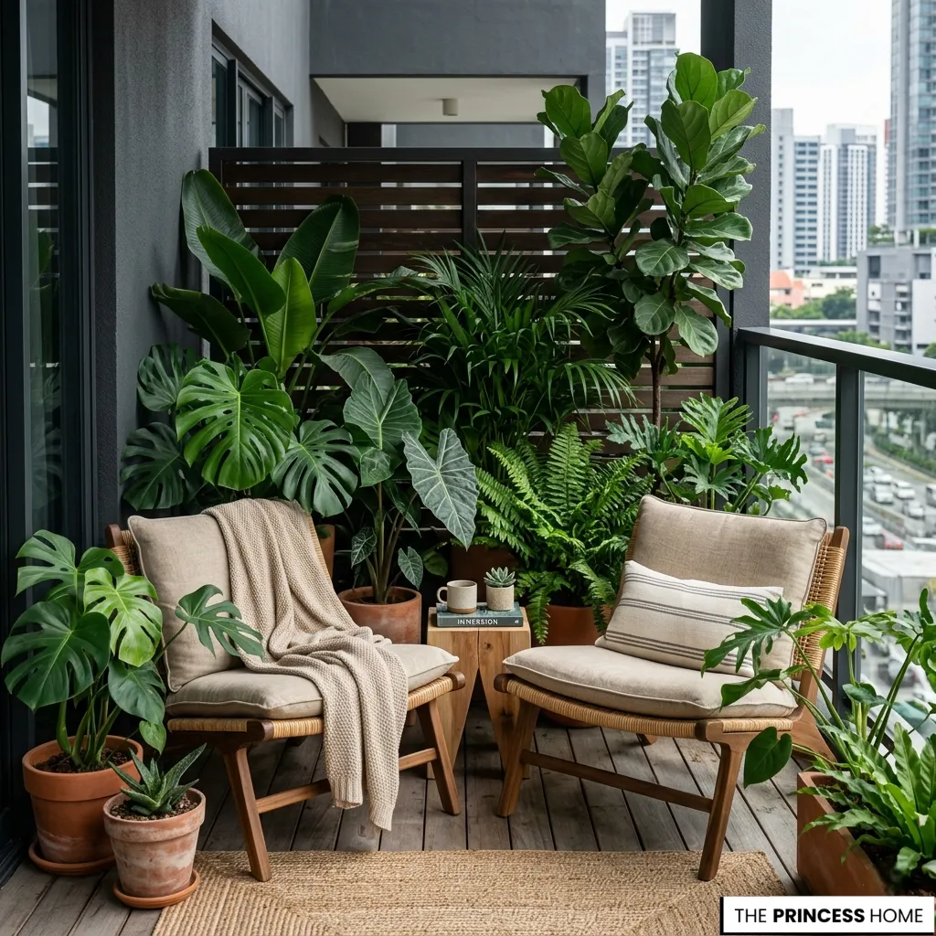 Modern apartment balcony with wooden lounge chairs, a jute rug, privacy screen, and lush tropical potted plants.