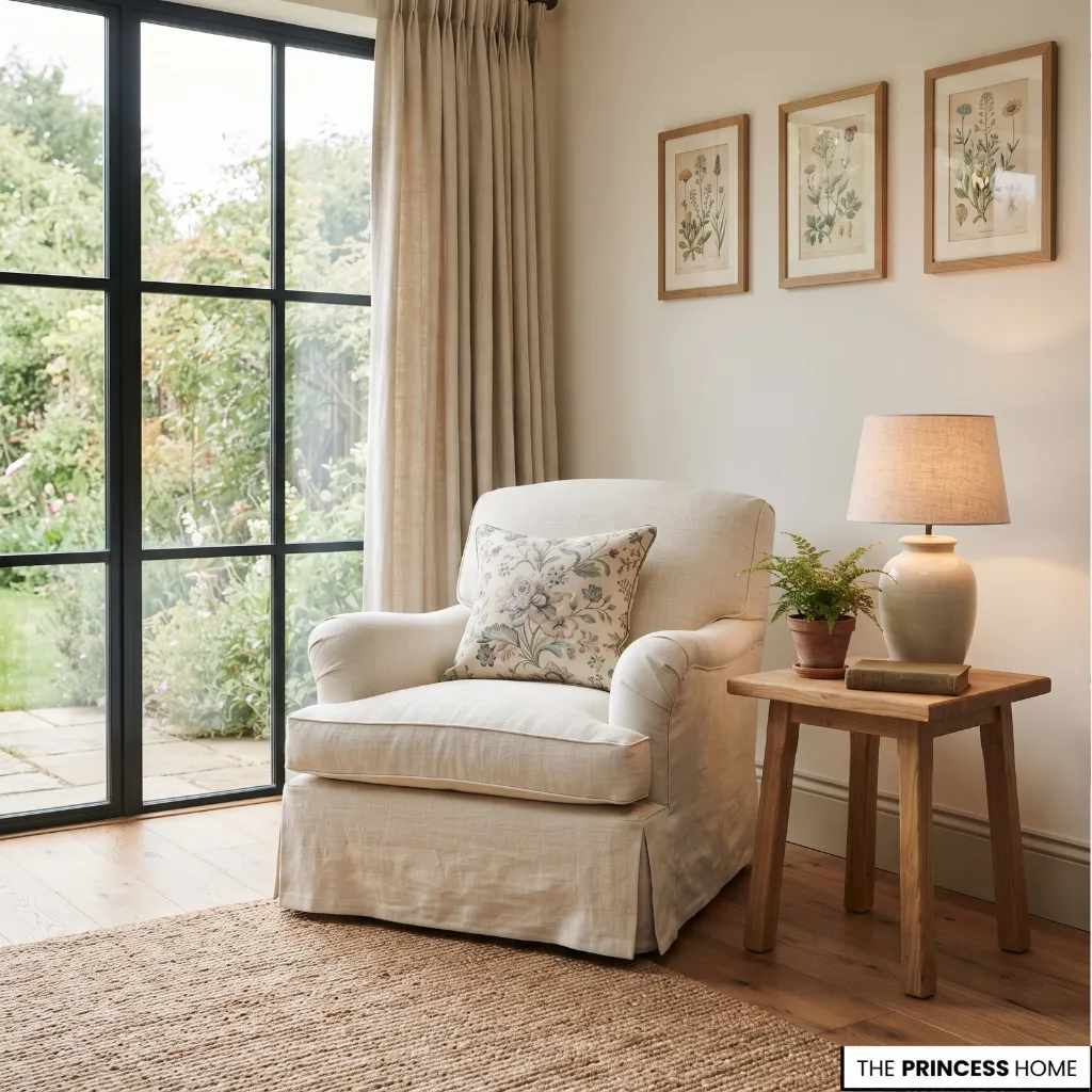 Modern living room with traditional cottage furniture, botanical artwork, and natural materials.